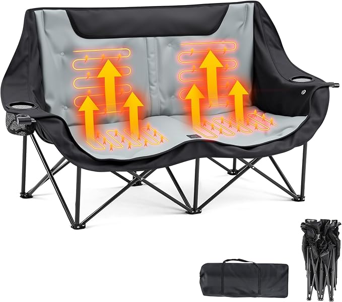 Low Double Heated Double Camping Chair for Adults, Oversized 660lbs Camping Chair with 4 Heating Zones & 3 Heat Levels Fol...