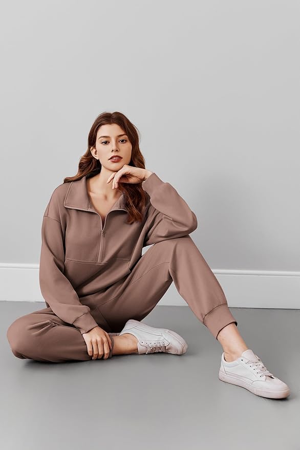 PINSPARK 2 Piece Sets for Women 2025 Fall Travel Outfits Long Sleeve Tracksuit Joggers Sets Half Zip Sweatsuit Matching Set