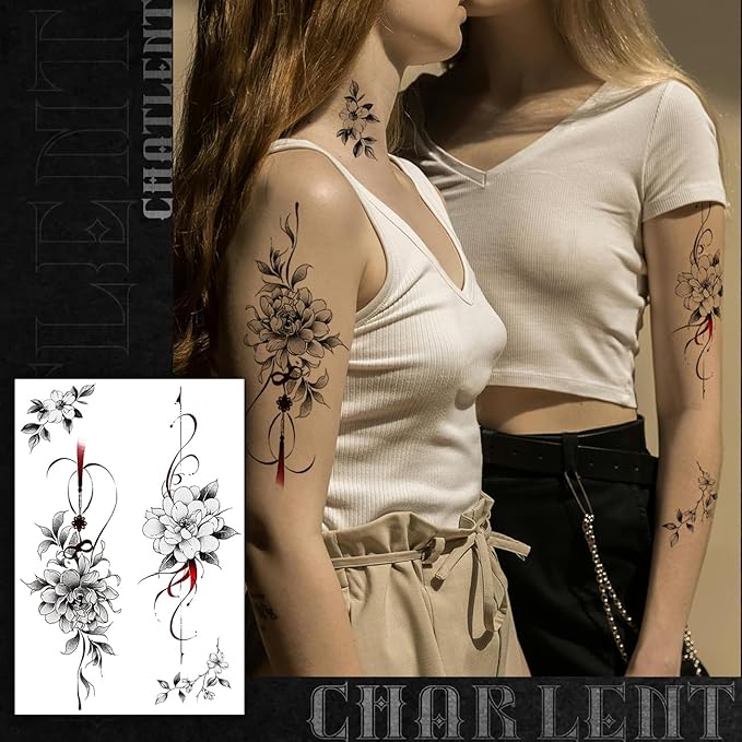 CHARLNET Large Flower Temporary Tattoos for Women - 28 Pcs Sexy Black Flower Rose Fake Tattoos for Women Body Art Arm Chest Legs Shoulder Abdomen