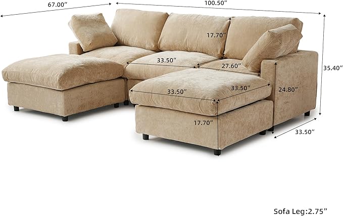 Cloud Couch Modular Sectional Sofa,100.5" U Shaped Couch, Oversized Convertible Wide Seater,3 Seater with 2 Ottomans for Living Room Set, Covers Washable&,Khkai