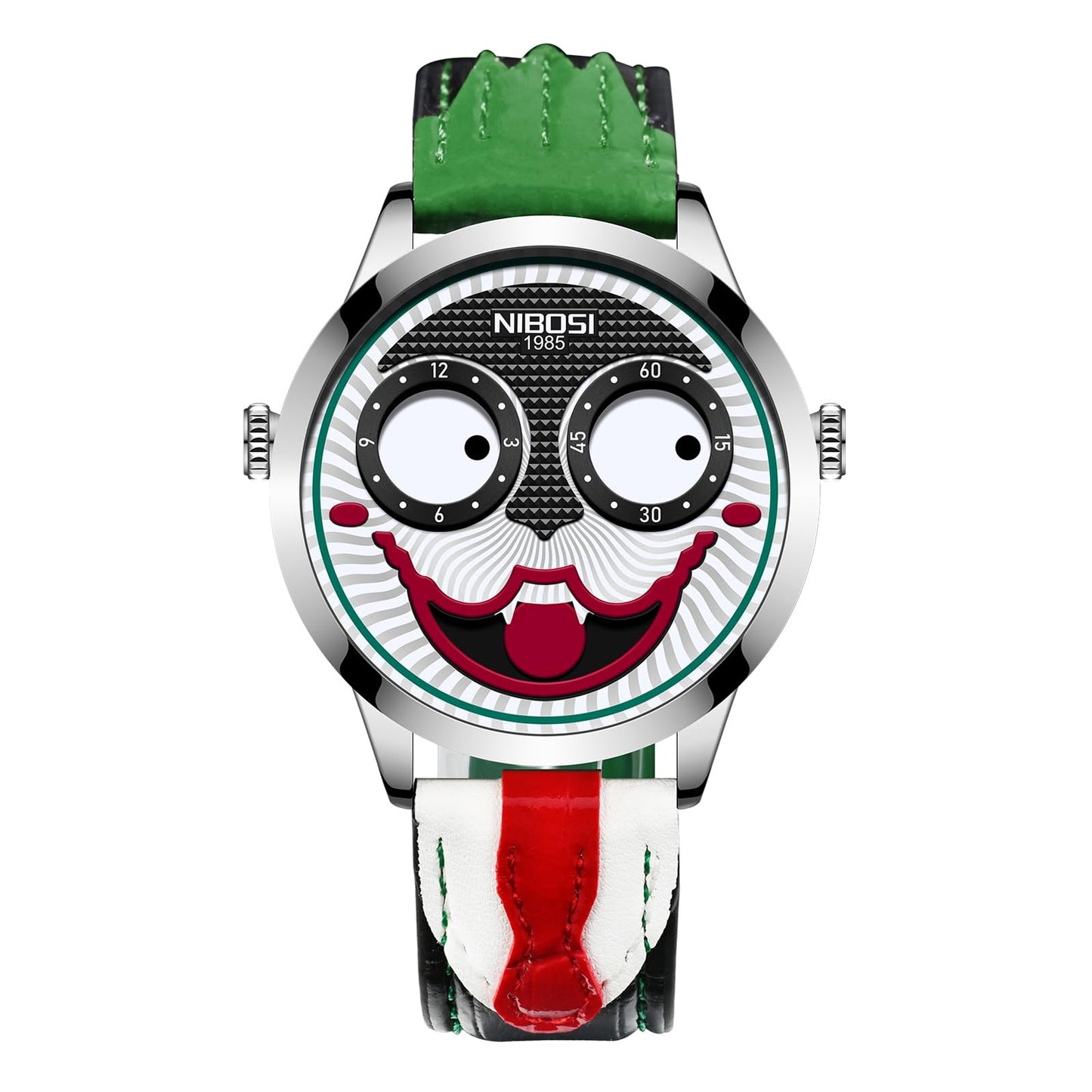 NIBOSI Watches for Men Analog Quartz Clown Dial Unique Weird Fashion Cool Wrist Watch Waterproof Green Leather Strap Men's Watches
