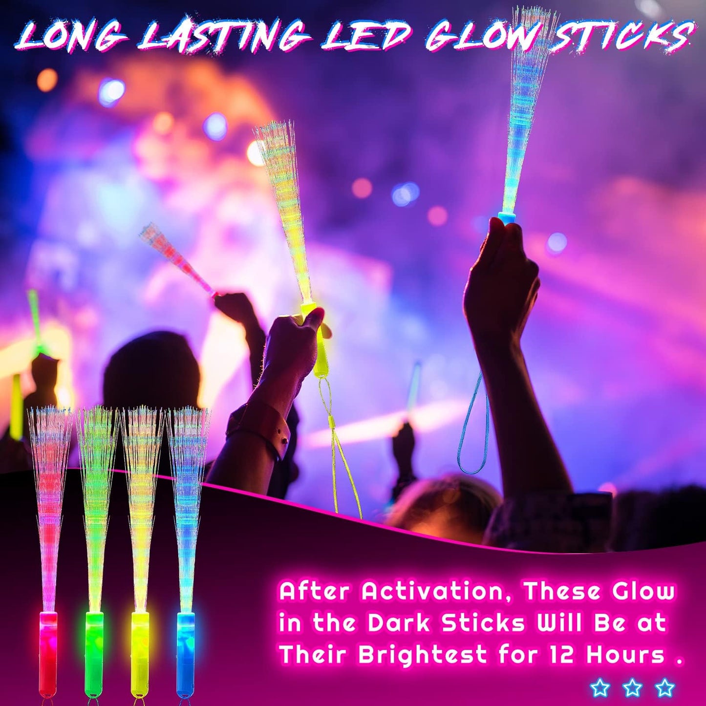 Zhanmai 24 Pieces Upgraded Glow Fiber Wands Sticks, LED Light Fiber Optic Wands LED Flashing Glow Sticks Supplies for Wedding Party Favors