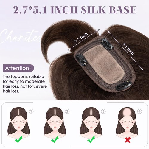 Charites Hair Toppers for Women Real Human Hair 12 Inch Long Straight Toppers for Women with Thinning 7 * 13CM Silk Base Clip in Hairpieces with Bangs (Dark Brown)