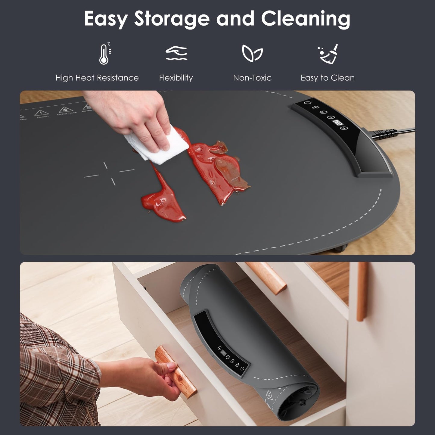 Warming Mat for Food - Food Warming Mats for Countertop, 8 Temperature Settings, 5s Fast Heating, 4 Hours Auto-Off, Foldable & Easy to Clean, Safe for Parties, Buffets, and Home Use(Grey)
