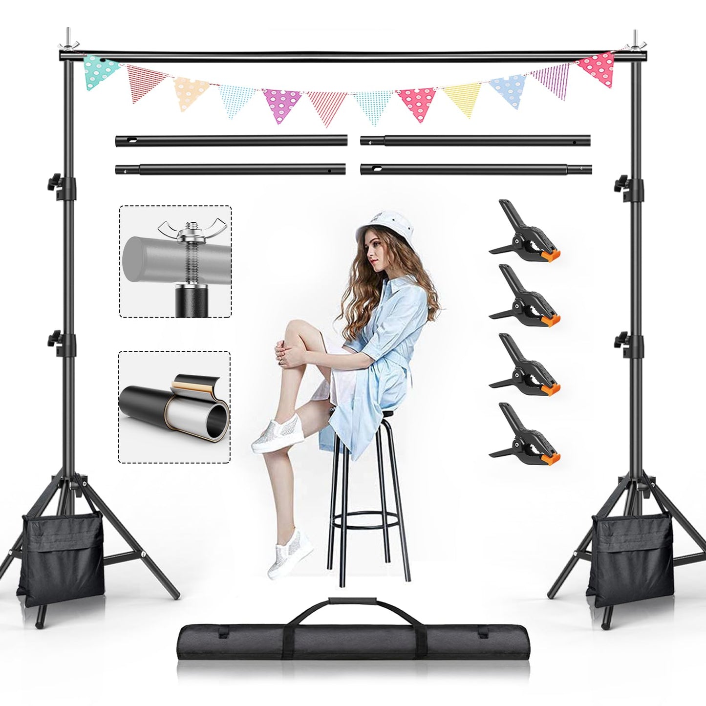 BEIYANG Backdrop Stand, 7.5 FT x 10 FT Adjustable Photography Background Support System Kit with Carrying Bag for Photo Video Studio