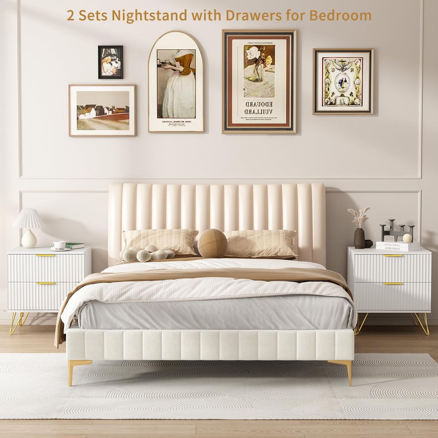Sscaktu 7 Drawer Dresser and Nightstand Sets for Bedroom, 3 Pcs Bedroom Set，Night Stand Set of 2 & 7 Drawer Dresser with Gold Handles, Modern Wood Chest of Drawers Storage Cabinet Set, White