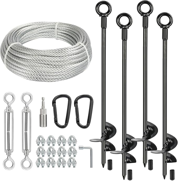 hannger 4 Pcs 30" Long Ground Anchors Shed Anchors Kit with 3/16" Galvanized Cable & Turnbuckles & Carabiners, Heavy Duty Earth Anchors for Sheds Trees Trampoline Greenhouse Swing Set Tent