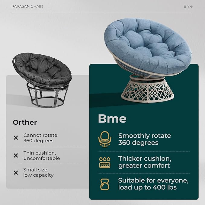 Bme 40" Ergonomic Wicker Papasan Chair with Soft Thick Cushion & Frame, 360° Swivel, Circle, Reading, Comfy Chair for Living Room, Bedroom