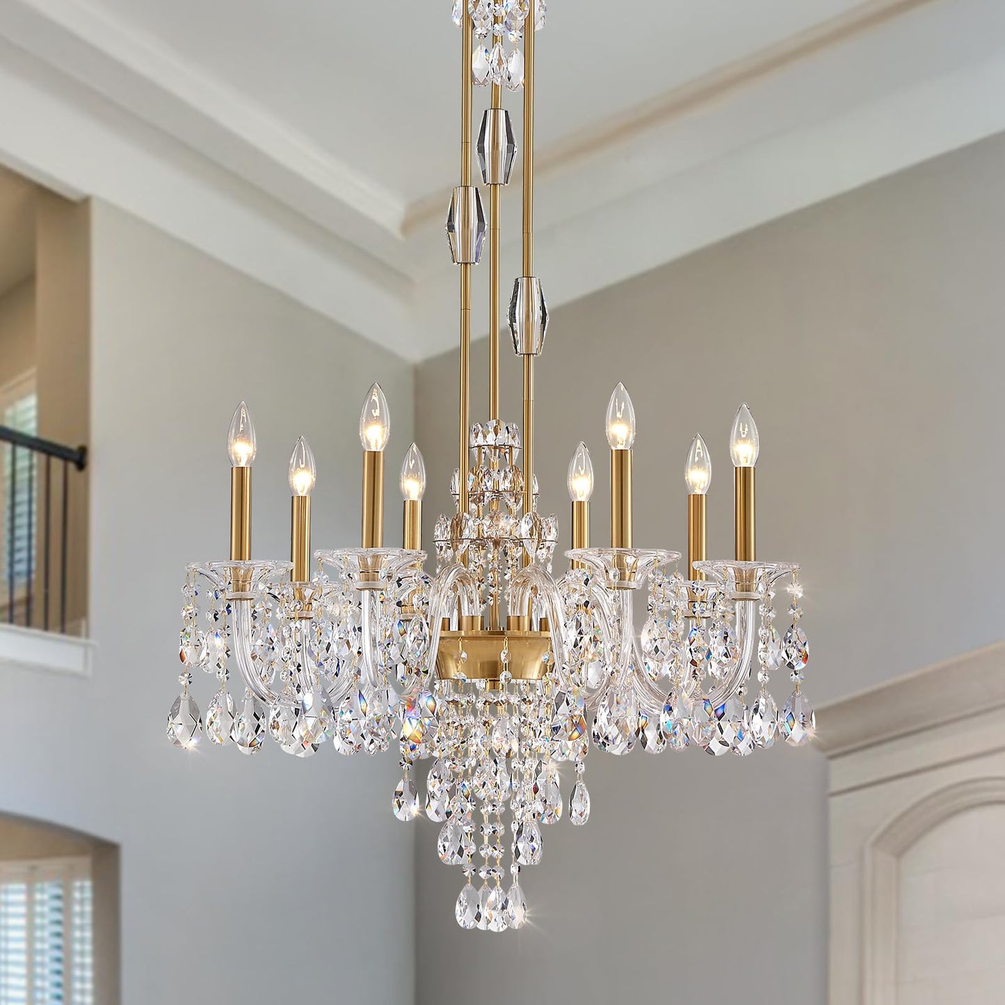 Duluyiee 8-Light Crystal Candle Chandelier, Brass Gold Chandelier for Dining Room, Entryway & Living Room, Adjustable Height, E12 Base