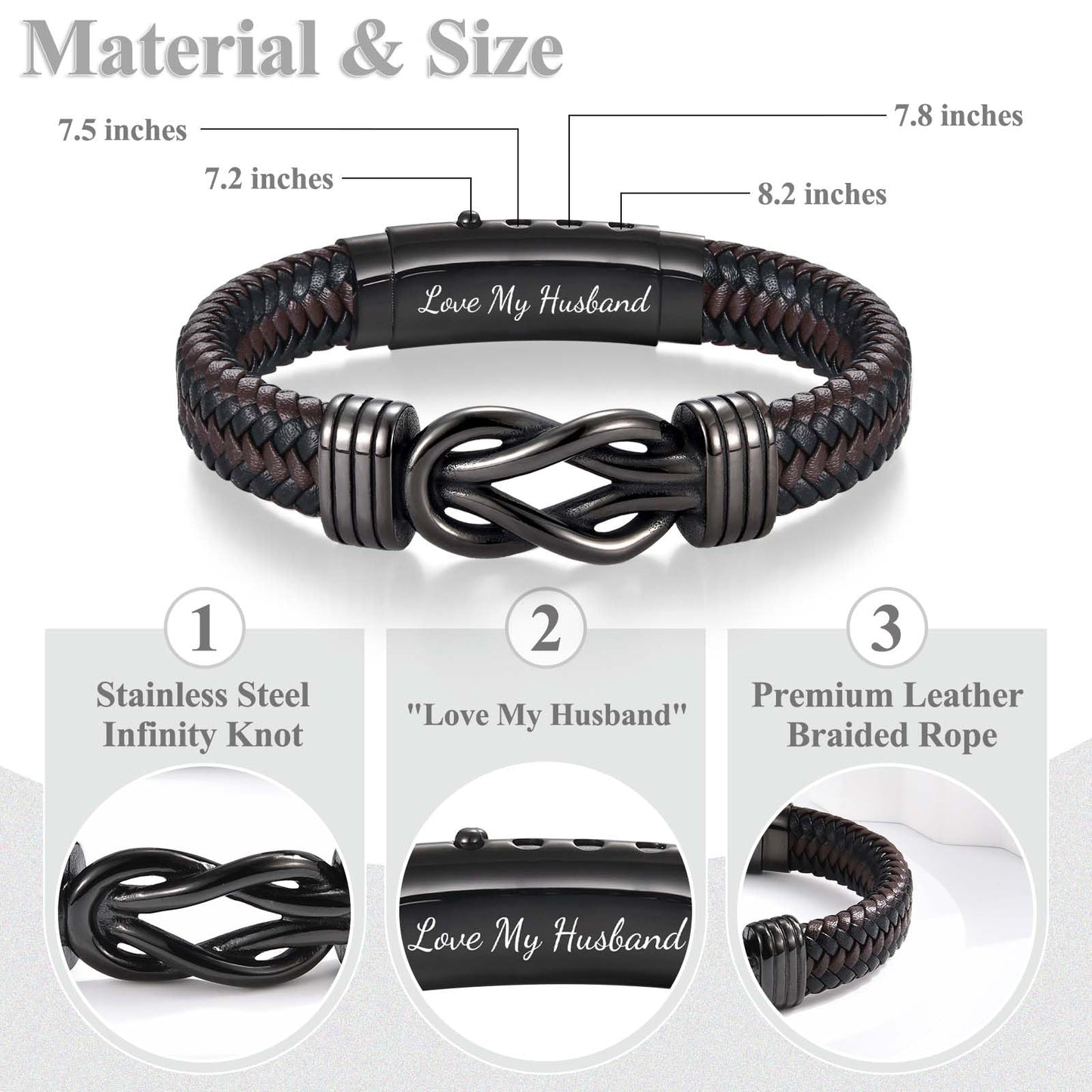 Gifts for Husband Gifts from Wife, To My Husband Brown Infinity Leather Bracelet for Men as Christmas Valentines Fathers Birthday Easter Anniversary Thanksgiving Gifts for Him Men