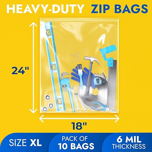 18" x 24" Extra Large Zip Seal Lock Bags, 6 Mil (Pack of 10) – Heavy-Duty Reclosable Plastic Bags – Clear, Resealable, Waterproof – For Storing and Organizing Clothes, Jewelry, and Travel