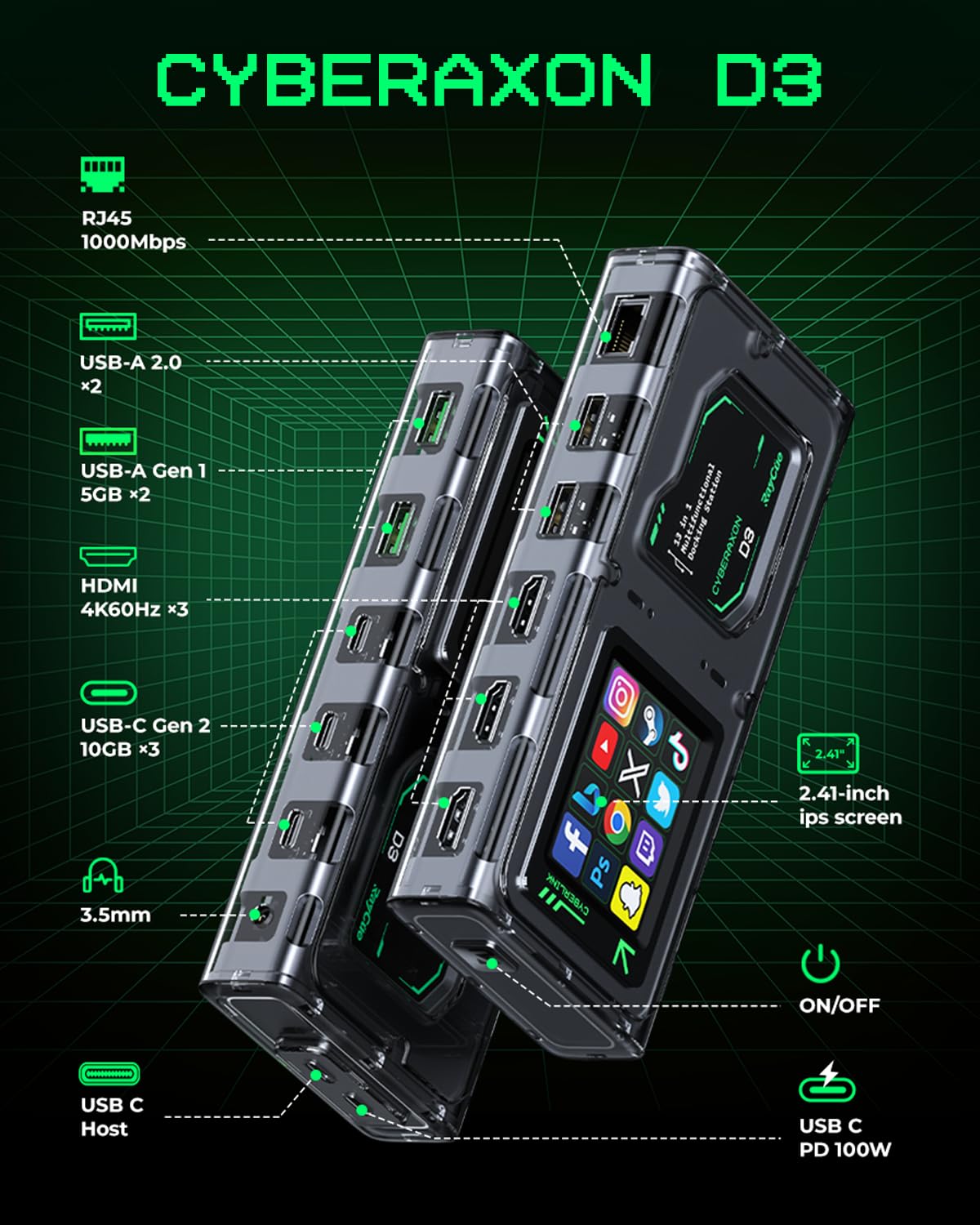 RayCue CyberAxon D3 13-in-1 USB C Docking Station - 4K HDMI, 100W PD, Touchscreen, Mac/Windows/iPad Compatibility