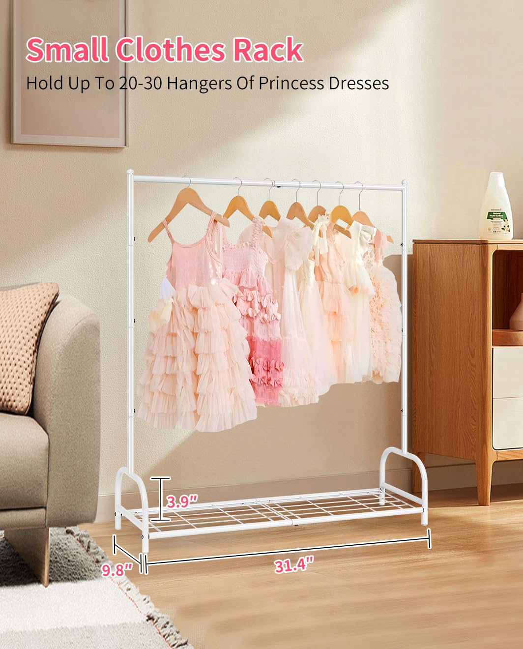 AUPSEN Kids Clothing Rack with Bottom Storage Shelf, Metal Toddler Dress Up Rack for Little Girls, Kids Dress Up Clothes Storage for Coats, Skirts, Dance Costume（White）