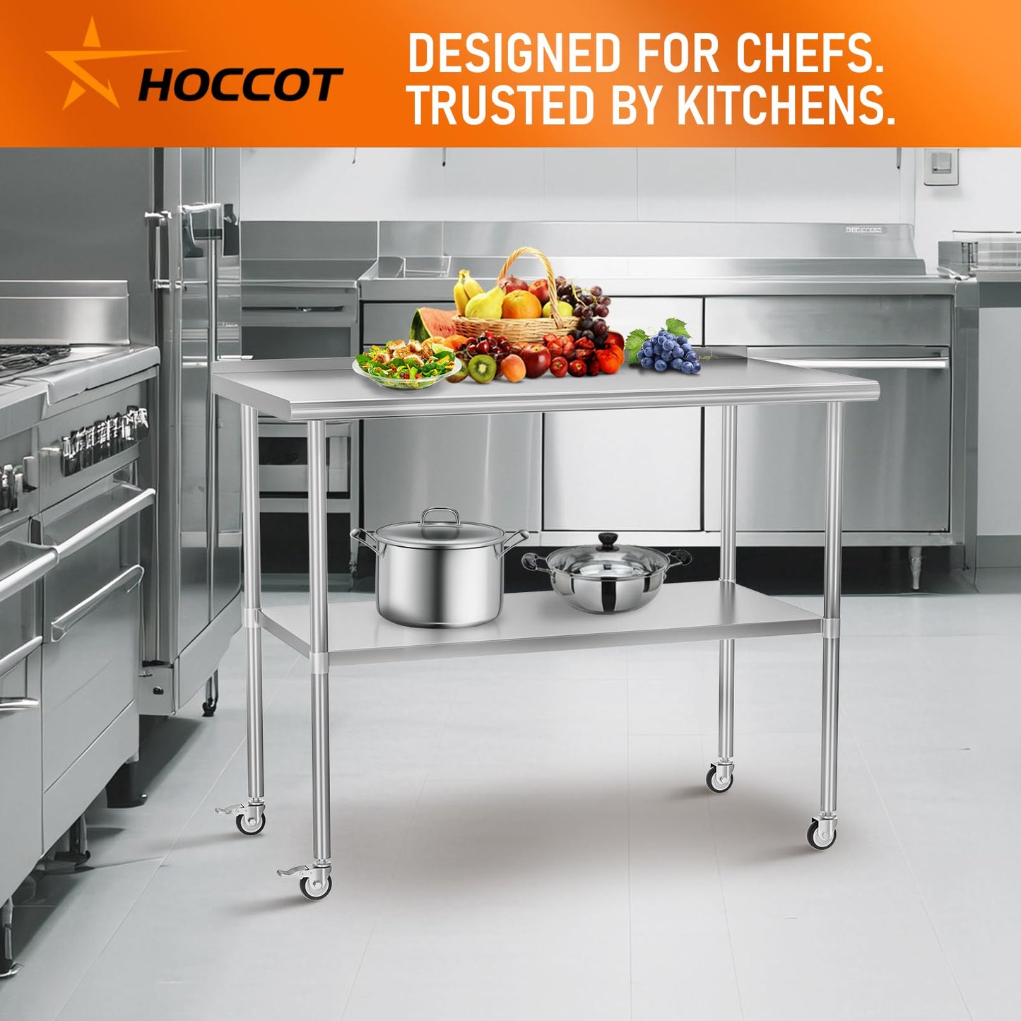 HOCCOT Stainless Steel Prep Table 30" X 48" with Adjustable Undershelf, Backsplash and Wheels, Commercial Metal Workstations for Kitchen, Garage, Outdoor BBQ