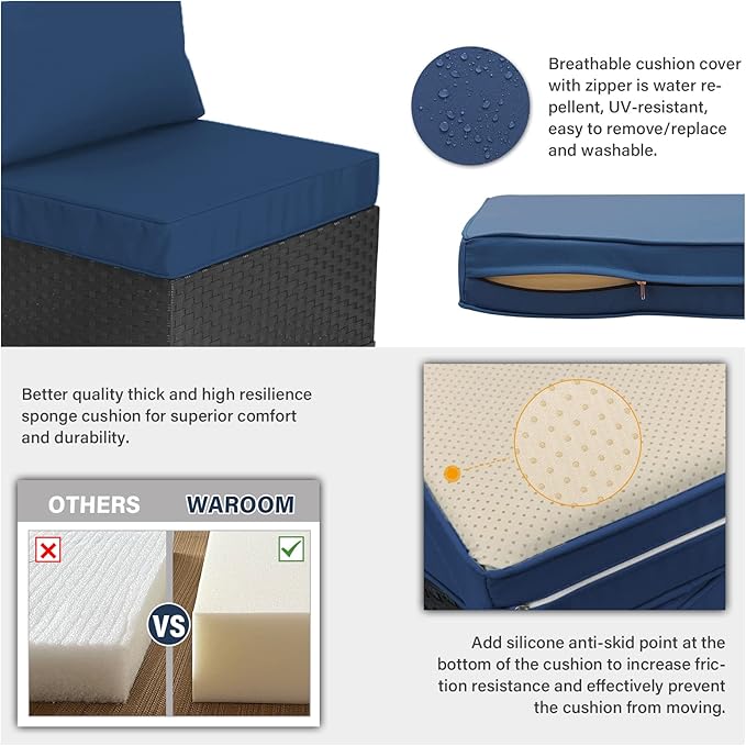 WAROOM Outdoor Patio PE Wicker 5 Piece Furniture Set, Black Rattan Sectional Conversation Sofa Chair with Square Propane Fire Pit Table, Navy Blue Cushion