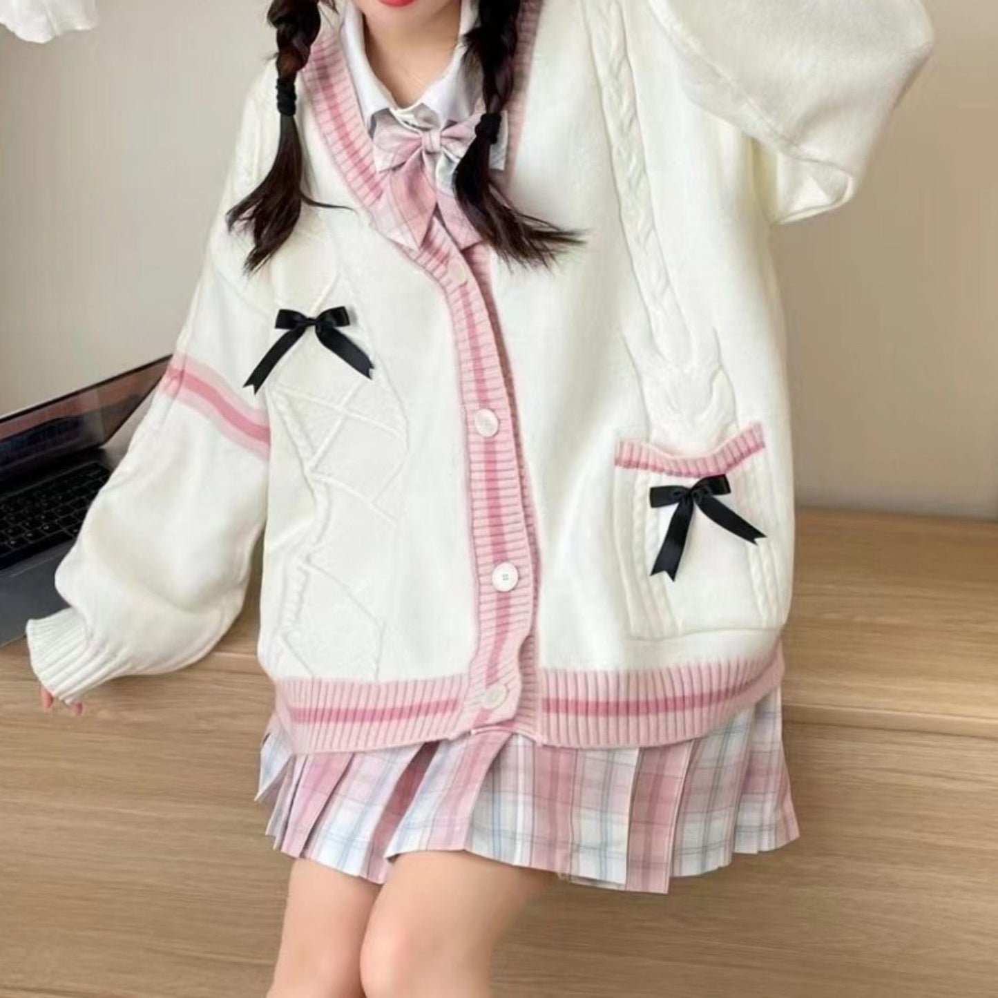 Chevara Women’s Cute Sweet Cardigan Sweater Kawaii School Uniform Button Long Sleeve V-Neck Knitted Outerwear(0133-01Beige-OneSize-CW)