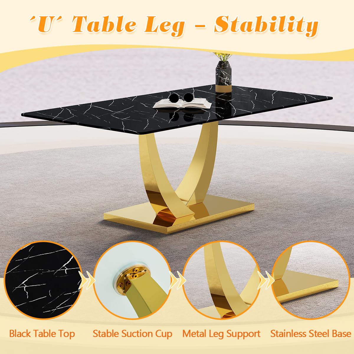 Dining Set of 6 Chairs and Table, 71'' Black Dining Table Set for 6, Faux Marble Dining Room Table Set & Ergonomic Chairs for Dining, Tempered Glass Top with U-Shaped Leg and Stainless Steel Base