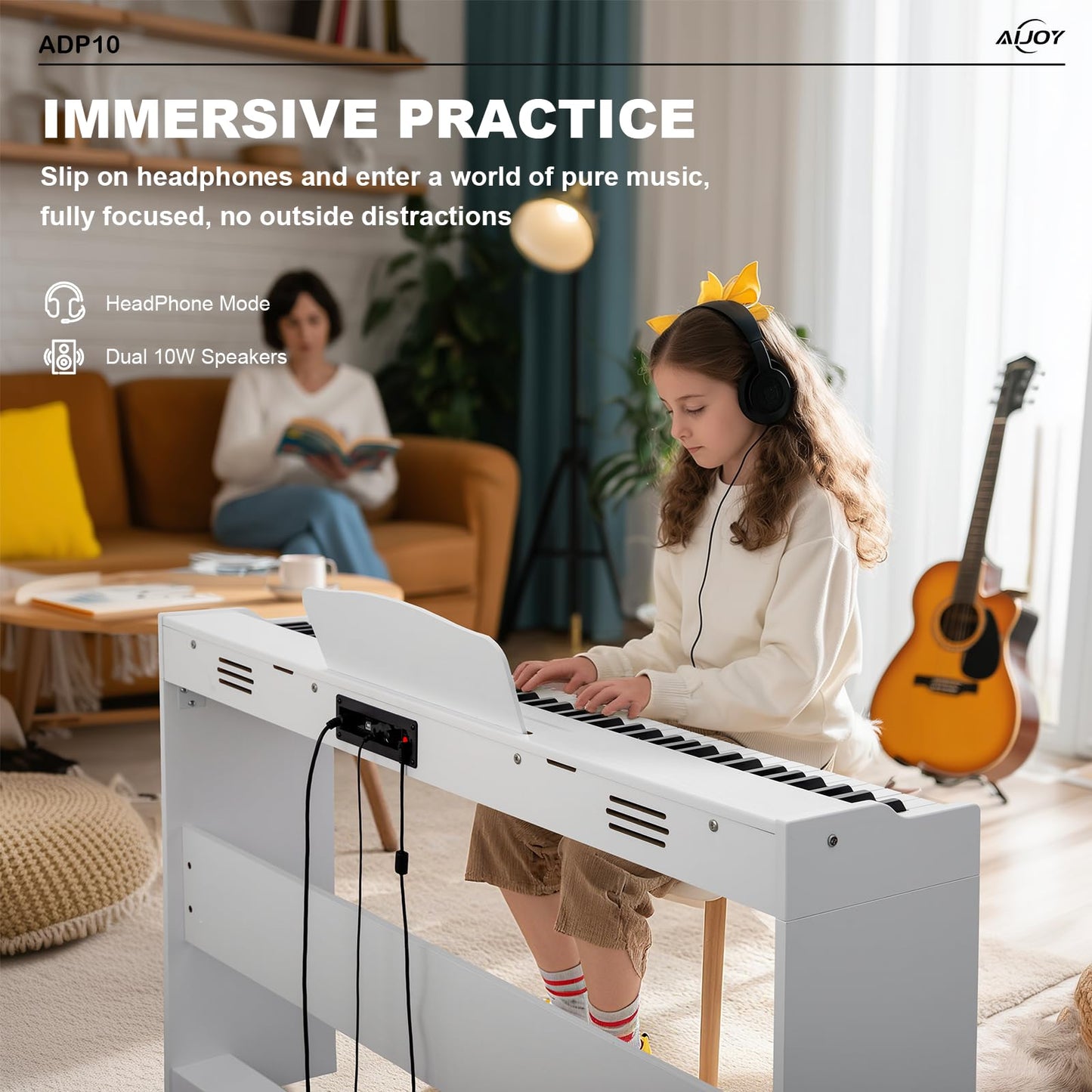 AiJoy 88-Key Digital Piano for Beginners, Velocity-Sensitive Keys, Electric Piano with Triple Pedal, MIDI & Headphone Support, Compact Elegant Design, Christmas & Birthday Gifts, White (ADP10)