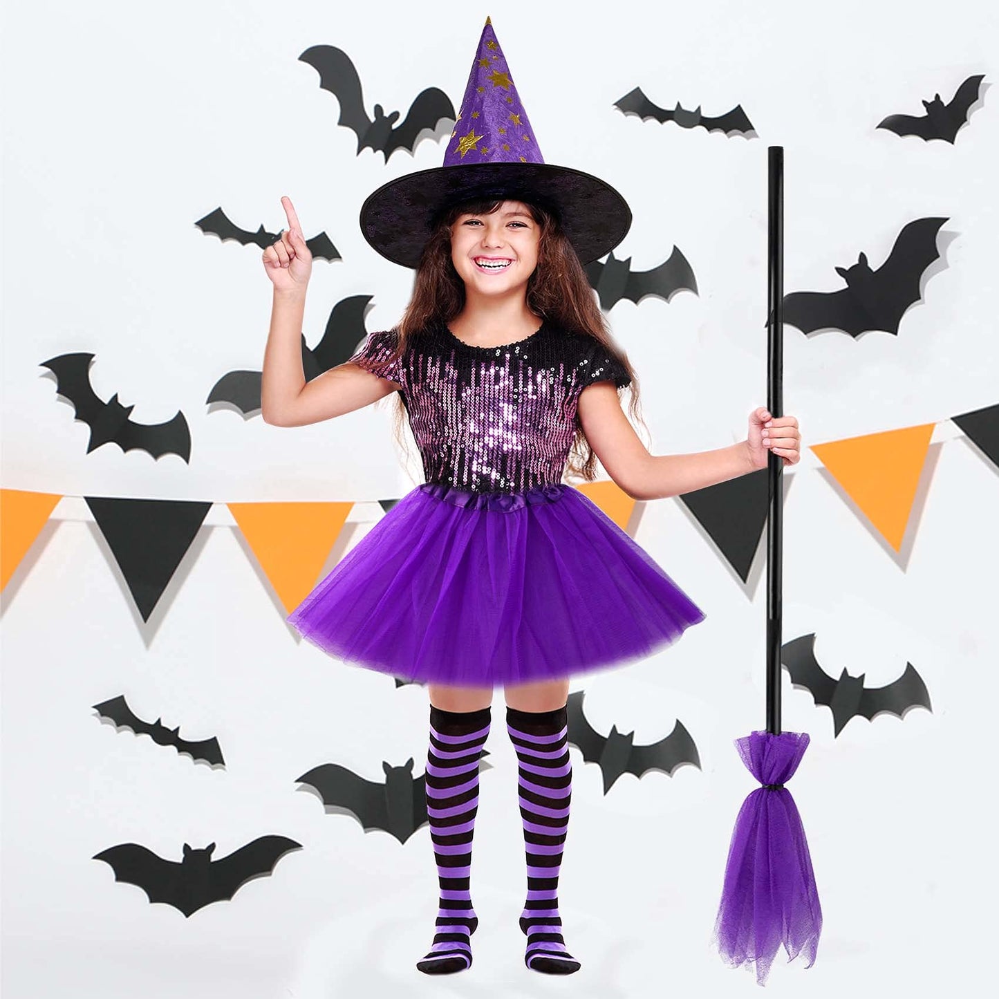 MISS FANTASY Toddler Witch Costume Halloween Witch Costume Accessories Girls Including Witch Hat and Broom Witch Purple Tutu Toddler Striped Witch Socks for 3-5 Kids Hocus Pocus Costume for Toddler