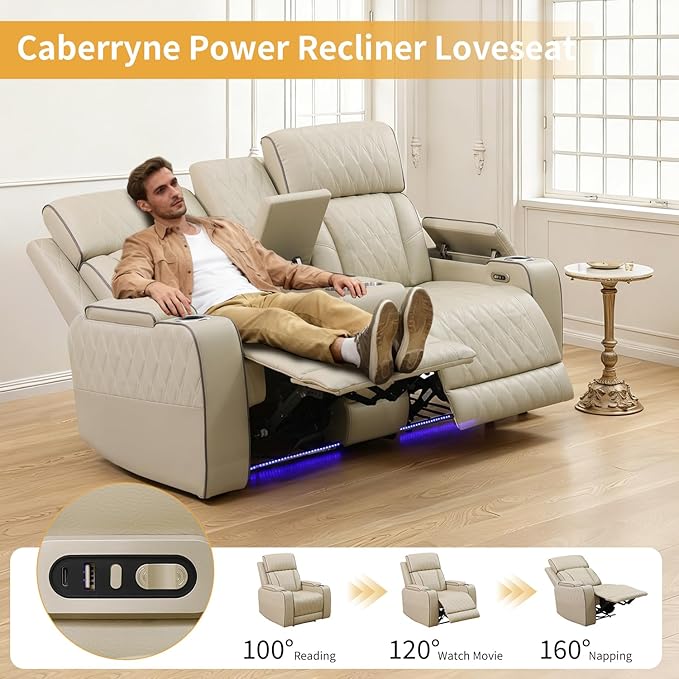 Caberryne Power Recliner Sofa with LED Lights,Leather Reclining Loveseat with Double Recliner/USB Port/Storage Console/Cup Holder for House/Home Theater(2 Seater Loveseat,Paddy)