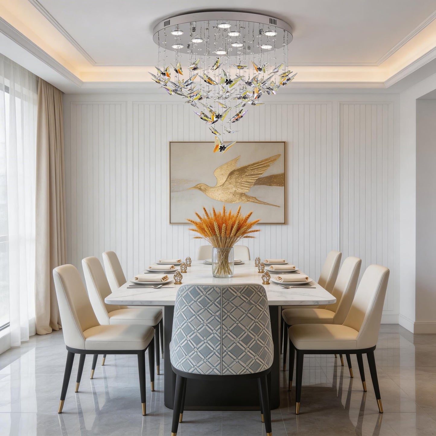 Modern Crystal Chandelier, 24 inch Flush Mount Crystal Ceiling Light with Remote and APP Control, 3CCT Dimmable, Elegant Butterfly LED Chandeliers for Bedroom Dining Room Living Room Foyer Entryway