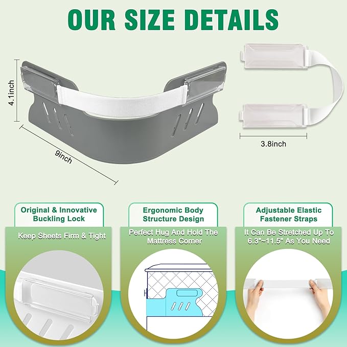 Bed Sheet Holders for Corners, 4Pcs Heavy Duty Fitted Sheet Holder with Lock Fastener Straps &Anti-Slip Pads Keep Sheets Firm&Tight, No More Loose Sheets, Easy Installation for Any Mattress(Deep Gray)