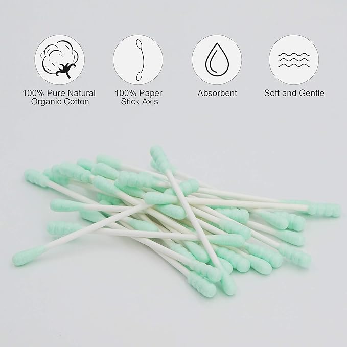 Green Cotton Swabs Spiral - 600 Count Organic Cotton Buds Double Side Tightly Wrapped Cotton Tips Paper Stick Soft Gentle Lint-Free Cruelty-Free, Round & Spiral (Green)