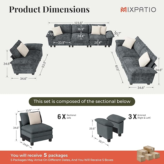 MIXPATIO U-Shaped Cloud Modular Sofa Set, Deep Seat 3-Piece 6-Seater Sectional Couch & Removable Arms, Plush Chenille for Living Room - Cyan
