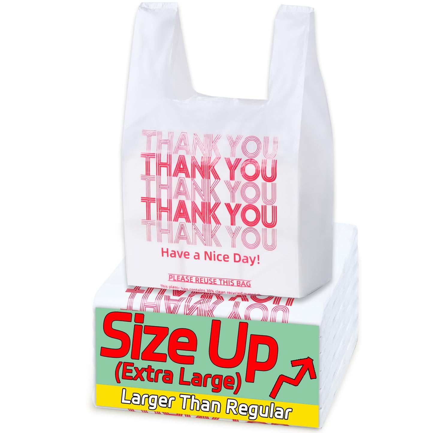 YovhVon Extra Large (13" x 8" x 23") X-Large Size up, 100 Count Plastic Bags with Handles, T-Shirt Bags, Thank You bags, Shopping Bag, Grocery bag, White, 1/5 Barrel, Plastic Bag, for Small Business