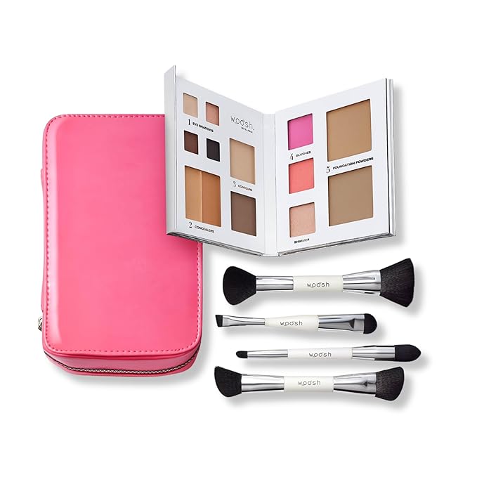 Woosh Beauty, Jetsetter Bundle in #3 Medium, Fold out Face Original, Essential Brush Set, Travel Case in Hot Pink