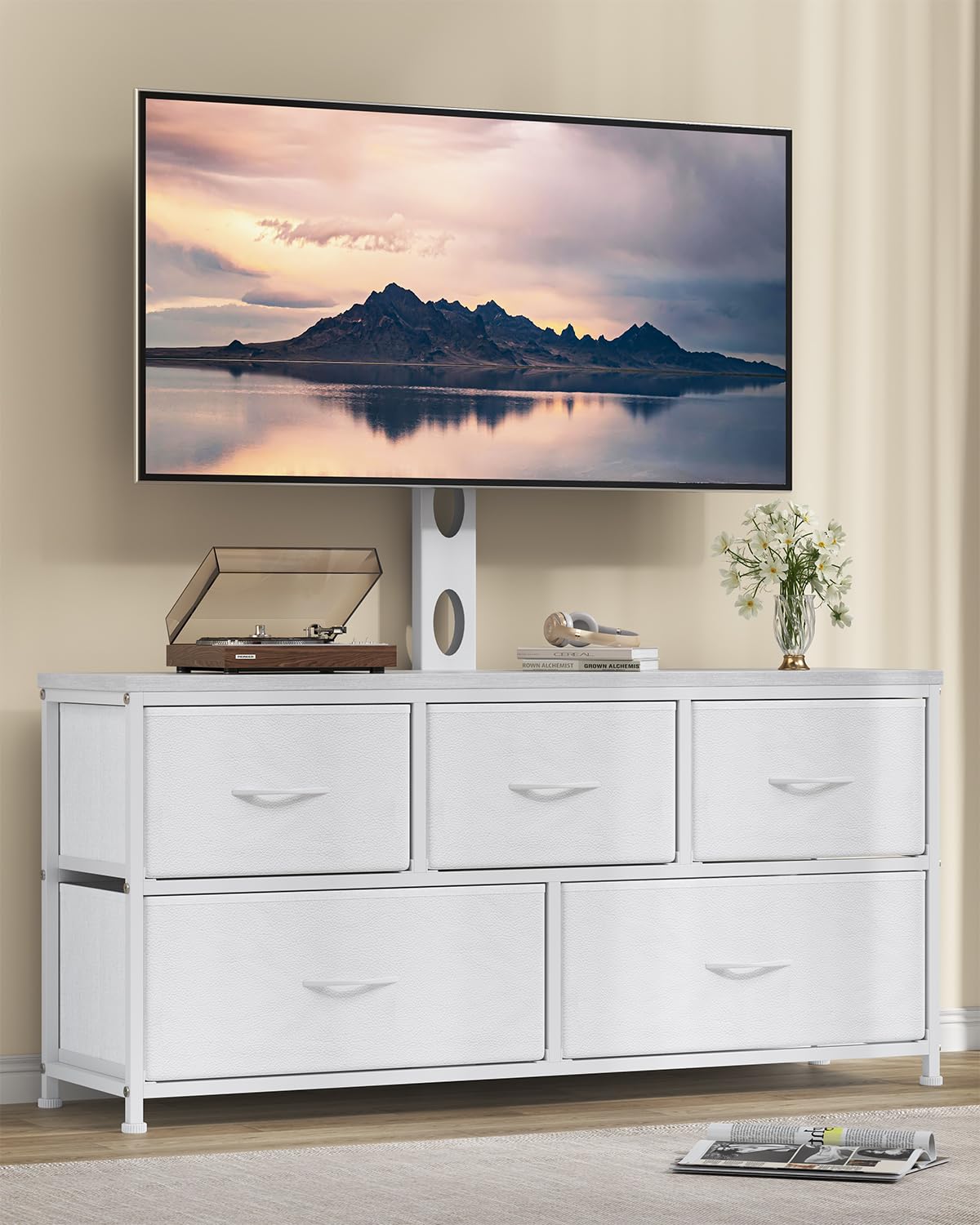 DrawXynth TV Stand with Mount, Fabric Dresser with 5 Drawers for 32/45/55/60/65/75 inch TVs, White Dresser Entertainment Center, Modern Media TV Console Table