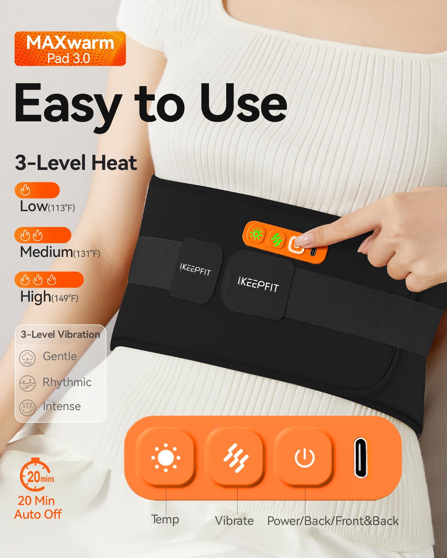 IKEEPFIT Portable Heating Pad for Back, Cordless Wearable Heat Belt with Massager for Lower Back Pain Relief, Battery Powered 8000 mAh Rechargeable, MAXwarm® 3.0, Gift for Women Men 90-310 lbs