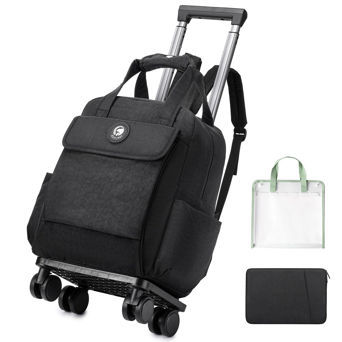BAGZY 25L Rolling Backpack Waterproof Rolling Teacher Bag with Laptop Compartment Travel Backpack with Wheels Laptop Bag with Wheels Rollings Briefcase for Women Men Black