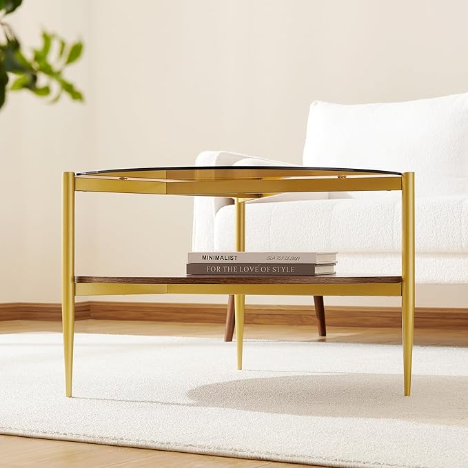 Pine Flicker Round Coffee Table, Mid-Century Modern Design, D30*H17 inch, for Living Room, 2-Tier Structure, Amber Glass Top and Walnut Wood Shelf, Sleek Conical Metal Legs with Gold Finish