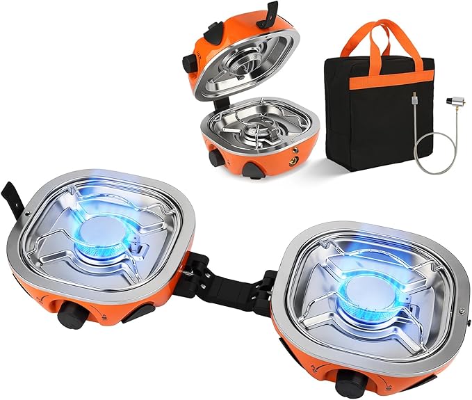 INFOOD Propane Camping Stove 20,000 BTU - Portable 2 Burner Gas Stove with Adjustable Flame Control, Piezo Ignition, Carry...