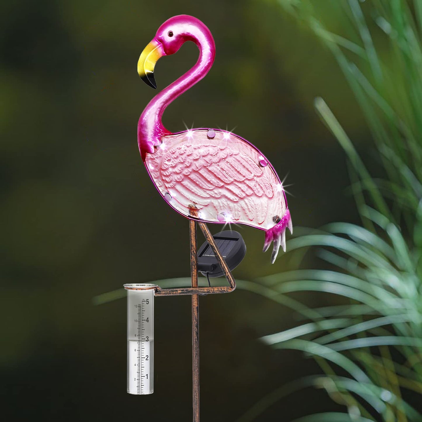 LEWIS&WAYNE 43’’ Solar Flamingo Rain Gauge Outdoor Decorative Metal Stake LED Lights with Glass Tube Solar Pathway Lights for Garden, Yard, Patio, Lawn Decor