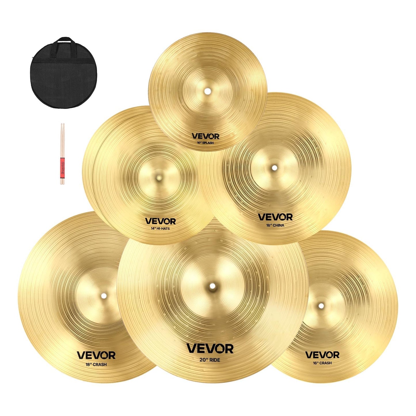Vevor Cymbal Pack, 7 Pieces Cymbals For Drum Set, Alloy Cymbals Drum Set Includes 14 Hi-Hats, 16 Crash, 18 Crash, 20 Ride, 10 Sp