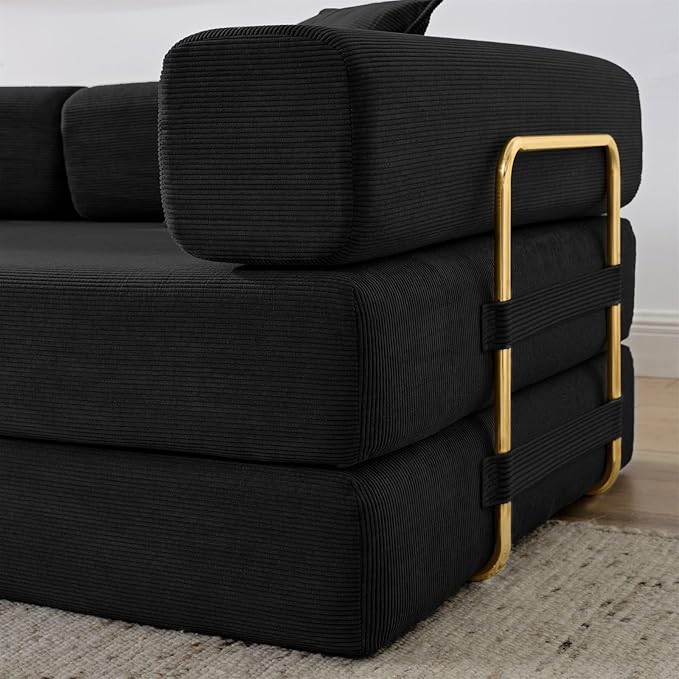 Convertible Couch Sofa Bed Foldable Floor Sleeper | Modern Fold Out Deep Seat Couch | Removable Backrest & Armrests | No Assembly Compression Sofa Sleeper for Living Room, Bedroom | Black Corduroy