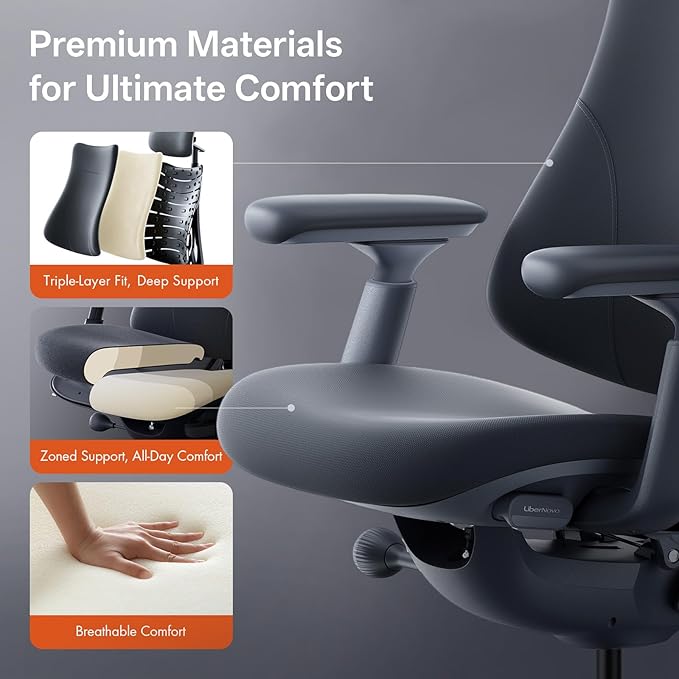 LiberNovo Dynamic Ergonomic Desk Chair + StepSync Footrest Bundle - Comfy Home Office Chair with Adaptive Lumbar Support, 160° Recline & Built-in Spine Stretch, Gray+48cm