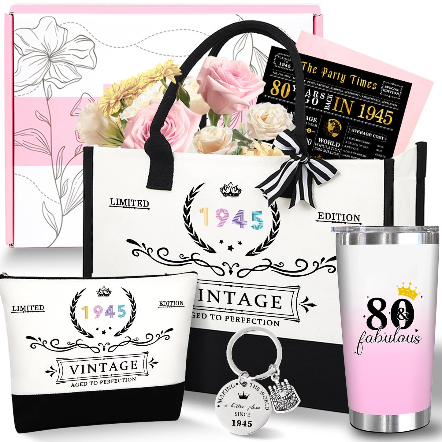 Unipinkart 80th 1945 Birthday Gifts for Women, 80 Year Old Birthday Fabulous Gifts for Women, Cool 80th Gift Canvas Tote Bag Set for Woman, Turning 80th Cup Gift Basket for Her Mom Sister Wife