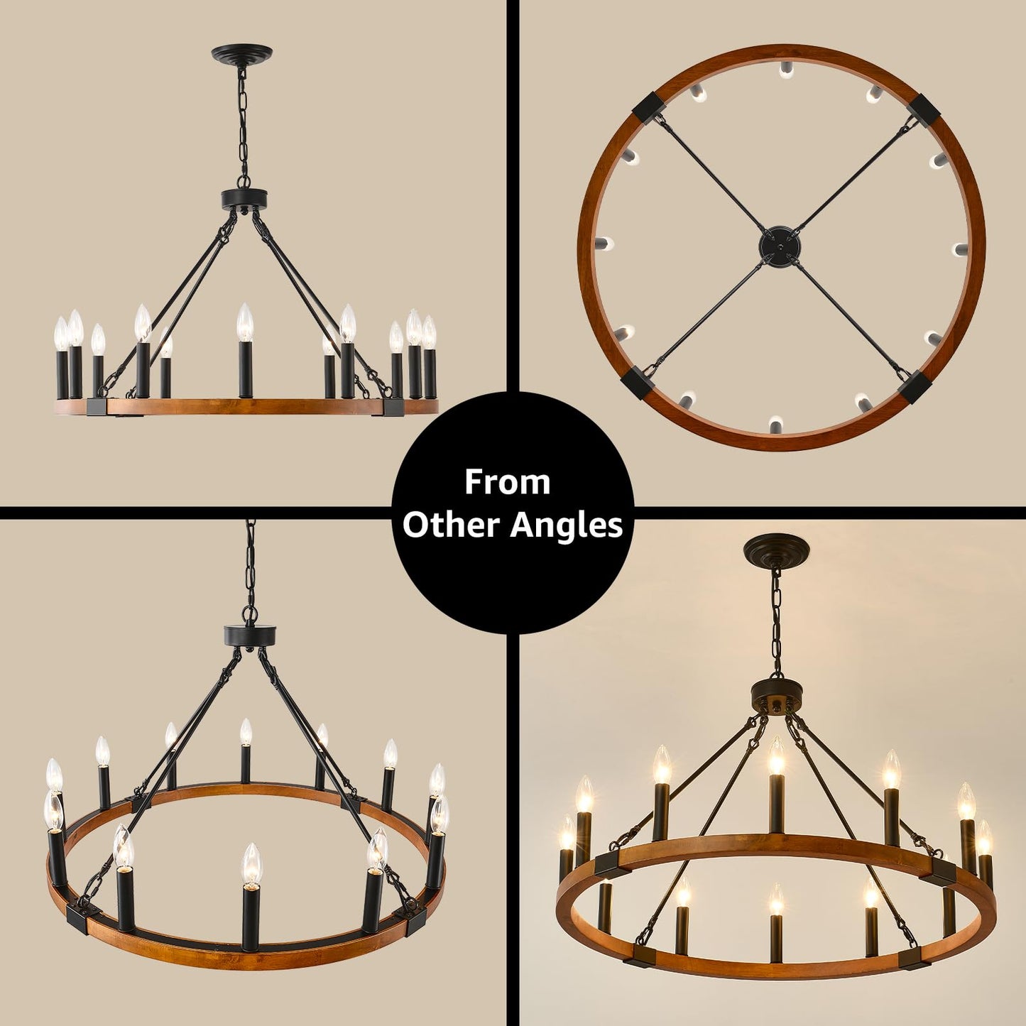 VBKK 32'' Solid Wood Wagon Wheel Chandelier, 12-Light Farmhouse Chandeliers for Dining Room, Round Rustic Light Fixtures for Foyer Living Room Kitchen Island Entryway, E12