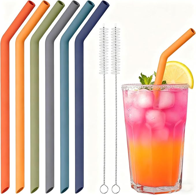 NiHome 6-Pack Wide Reusable Bent Silicone Straws for Boba, Smoothies, Bubble Tea, 0.425" Eco-Friendly Bent Straws for Drinks, Child-Safe, Customizable Length, 2 Brushes (Deep Rainbow)