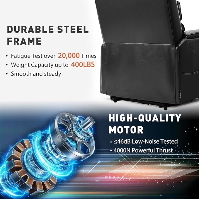 EONIX Wide Lay Flat Power Lift Recliner Chair for Elderly, Heavy Duty Oversized Breathable Faux Leather Lift Chairs Recliner Sofa with Heat and Massage and Charging Ports, Black