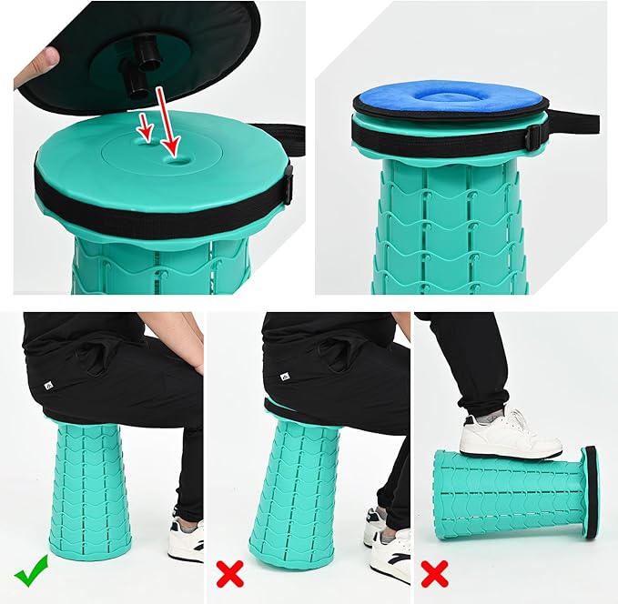 FXKS 2 Pack Upgraded Collapsible Stool Folding Stool with Cushion,Retractable Folding Stool Max Load Capacity 400lbs, Portable Telescoping Stools for Camping Hiking Outdoor BBQ -Mint Green