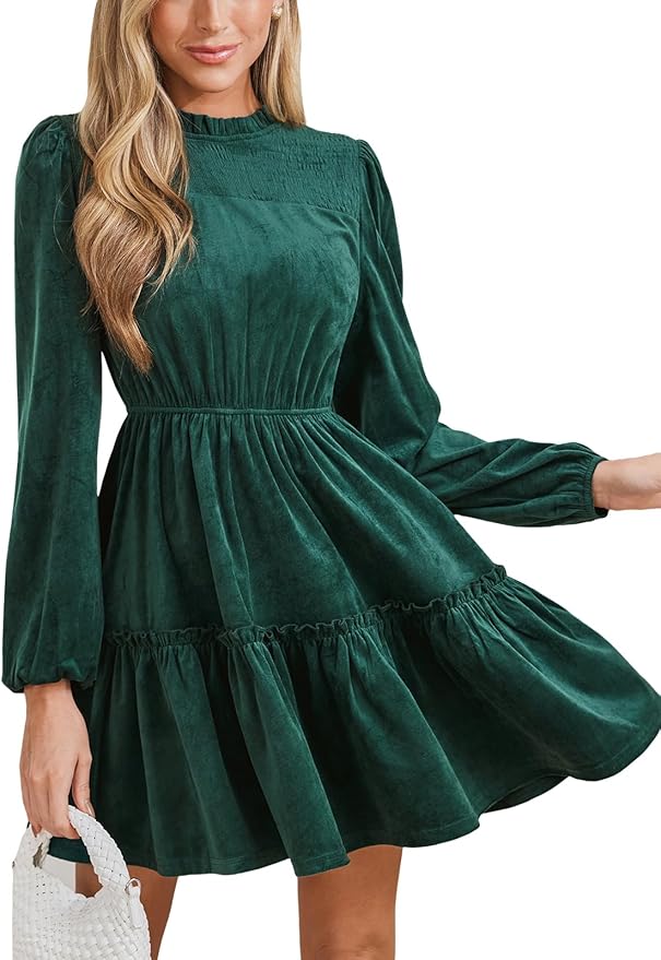 CUPSHE Women Ruffle Fall Dresses Long Bubble Sleeve Crewneck Smocked Waist Holiday Party Winter Mini Dress