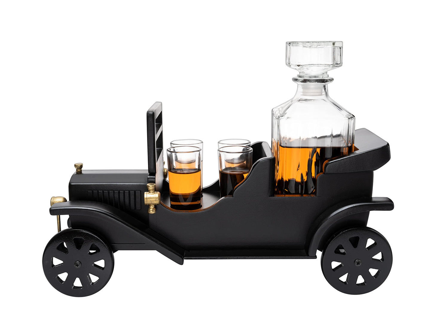 Vintage Car Decanter Set, Large Bar Centerpiece - 750ml Decanter + 4 Shot Glasses, Whiskey Gifts for Men, Dad, Birthday, Limited Edition, Great Bar Gift - Elevate Your Drinking Experience