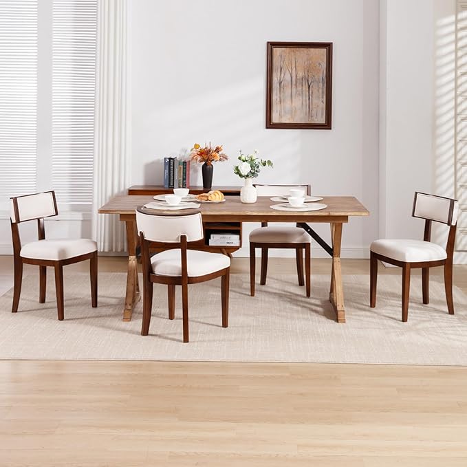 DM Furniture Dining Chairs Set of 4 Linen Fabric Upholstered Dining Room Chairs with Curved Backrest Mid Century Modern Farmhouse Kitchen Chair Solid Wood Side Chairs for Living Room/Restaurant
