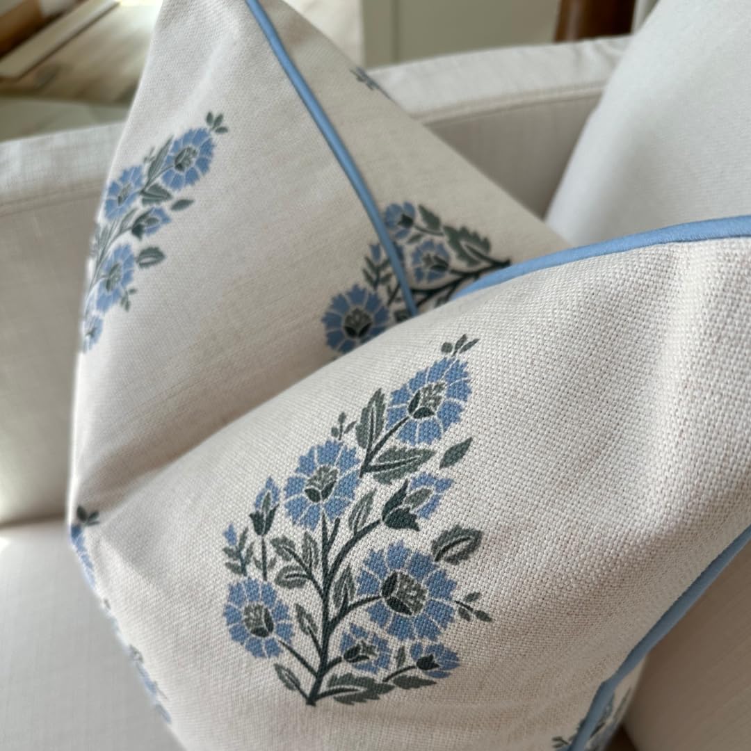 Jillien Harbor “The Camille” Floral Block Print Pillow Cover – Soft Blue and Off-White Decorative Throw Pillow Cover – Grandmillennial Home Decor, 20" x 20"
