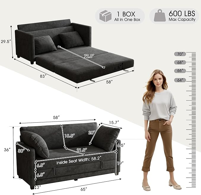 kakuboohi 65" Loveseat Sleeper Sofa Bed, Chenille Convertible Floor Sofa Bed for Small Spaces, Folding Couch Bed with Deep Seat, 2 Pillows & Solid Frame, Pull Out Floor Couch for Living Room, Black