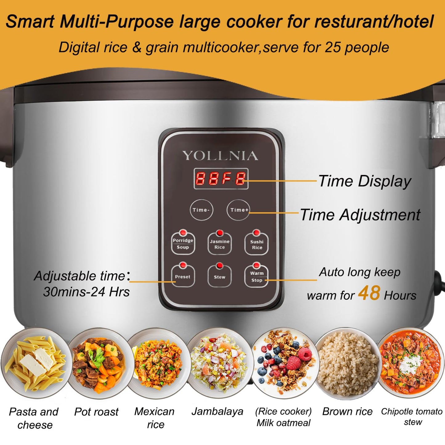 YOLLNIA Commercial Large Rice Cooker & food warmer | 13.8QT/65 Cups cooked rice | 1350W Multi-function electric sushi rice cooker | LED Display | Timer Setting | Smart preset from 30 min-24 Hrs